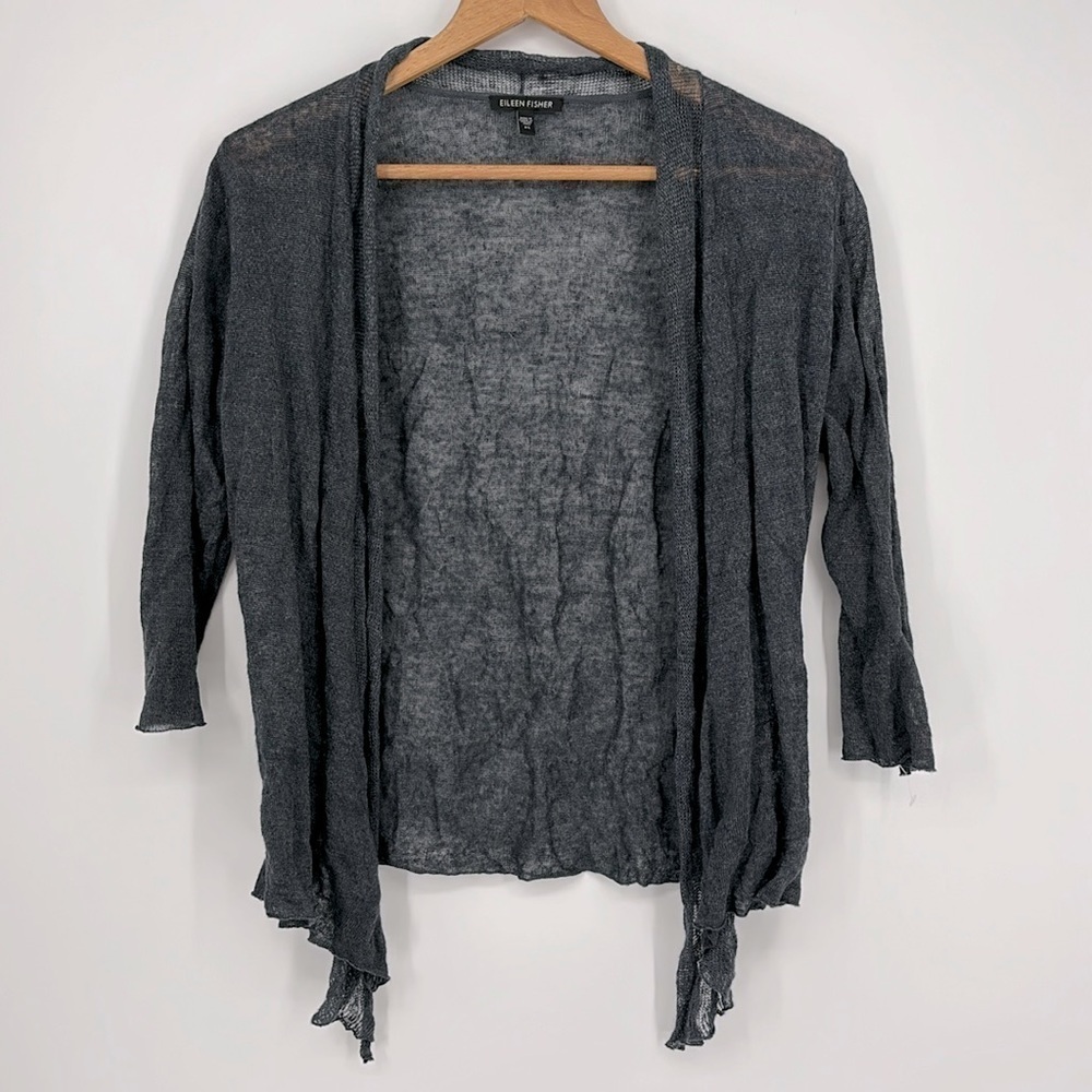 Eileen Fisher Open Front Linen Blend Gray Metallic Cardigan Women’s Size XS
